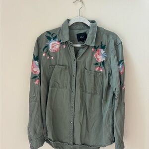 Rails Olive Floral Embroidered Utility Shirt